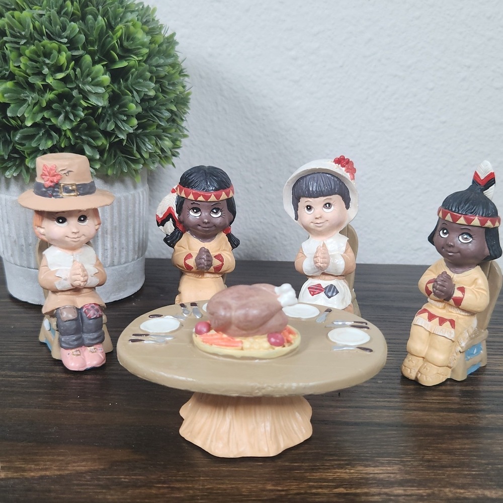 Thanksgiving Native American Pilgrim Figurines Praying Table Turkey 5 piece